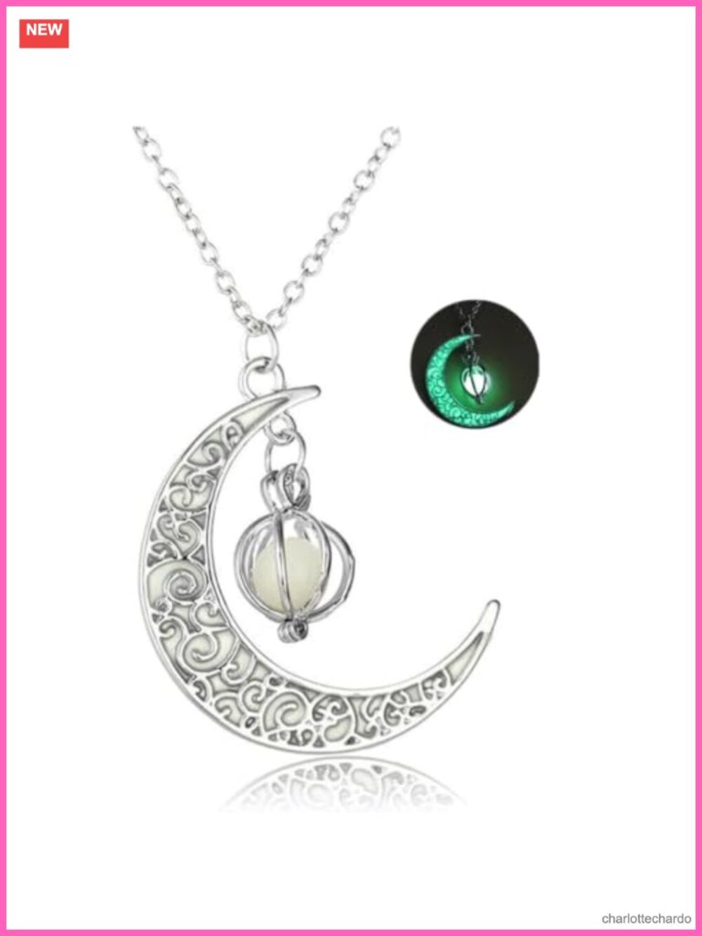 Glow in the Dark Crescent Moon Orb Pendant Necklace Alloy